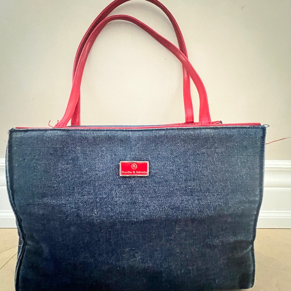 Frankie and Johnnie Blue and Red Structured Tote denim Bag with Durable Design